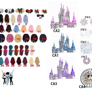 Pu&ograve; includere: Un'illustrazione digitale di una variet&agrave; di stili di capelli, disegni di castelli e fuochi d'artificio. Gli stili di capelli sono numerati da 1 a 30. I castelli sono etichettati CA1, CA2, CA3 e CA4. I fuochi d'artificio sono etichettati FW1-FW8.