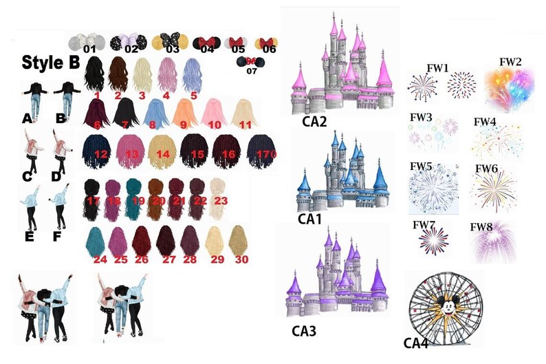Pu&ograve; includere: Un'illustrazione digitale di una variet&agrave; di stili di capelli, disegni di castelli e fuochi d'artificio. Gli stili di capelli sono numerati da 1 a 30. I castelli sono etichettati CA1, CA2, CA3 e CA4. I fuochi d'artificio sono etichettati FW1-FW8.