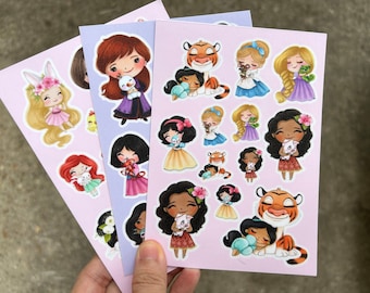 Kawaii stickers, glitter disney stickers, waterproof glitter sticker, princess disney stickers,mermaid, aladin