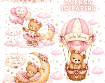 Clipart di orsetto rosa ad acquerello, orsetto carino in formato PNG, decorazioni rosa per la cameretta, clipart per baby shower per bambina, decorazioni per compleanno per bambini, uso commerciale.
