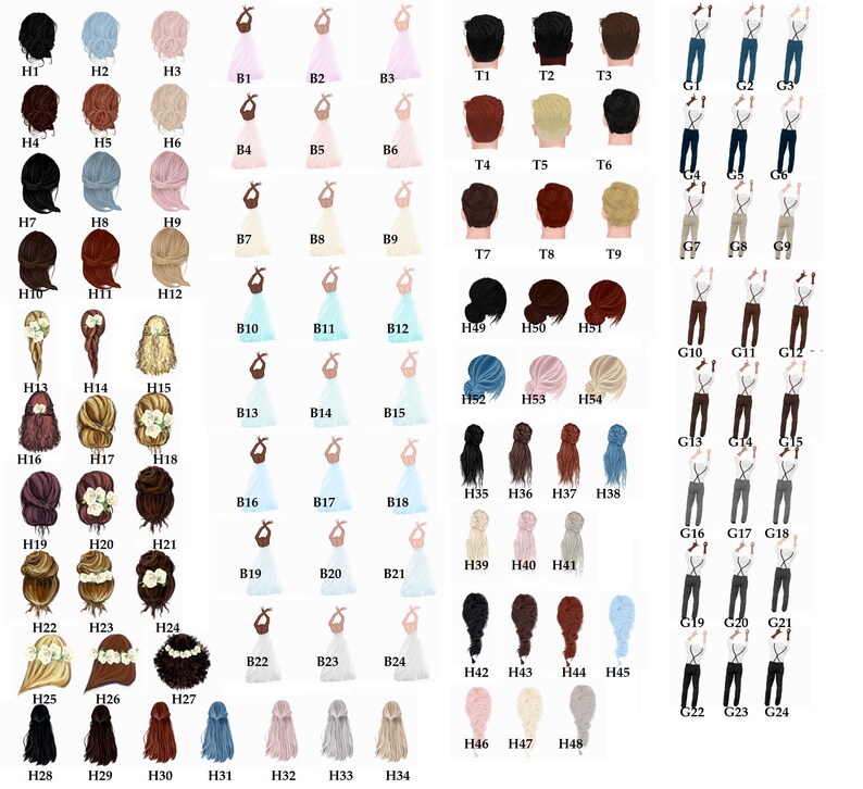 May include: A set of 24 illustrated digital images featuring various hairstyles for women and men. The images are in a cartoon style and are perfect for use in digital projects.