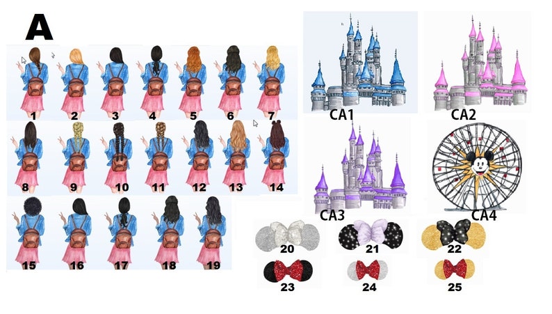 Pu&ograve; includere: Un set di 25 immagini con vari design a tema Disney. Le immagini includono illustrazioni di personaggi dei cartoni animati, castelli e una ruota panoramica. Le immagini sono numerate da 1 a 25.