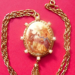 Gorgeous Mid Century Large Locket Pendant Chain Linked Necklace Fragonard Picture - Man Playing Guitar For Woman -Gold Tone Faux Pearls