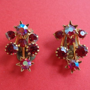 Stunning Mid Century Red Aurora Borealis Crystal Stars And Red Rhinestone Gold Tone Clip On Earrings Made In Austria