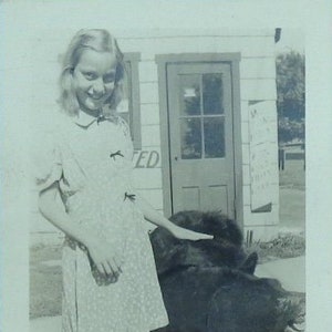 Don&#39;t Pet The Bear - 1940&#39;s Cute Young Girl With A Stuffed Black Bear Snapshot Photo