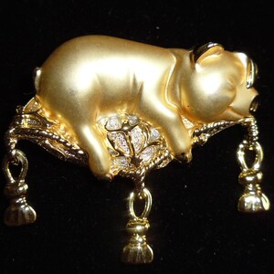 Adorable AJC Signed Sleeping Piggy Swine On A Pillow With Dangling Tassels - Gold Tone