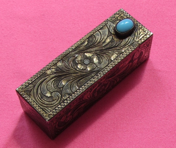 Vintage Lipstick Case Black Brocade Mirrored Lipstick Holder 