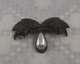 Sterling Silver, Marcasite, and Peal Brooch