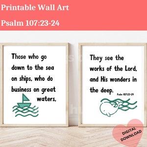 Psalm 107, Printable Bible Verse, Printable Art, Home Decor Art, Nautical Art, Kids Room, Ships, Whales, Ocean, Nursery, Baby Room