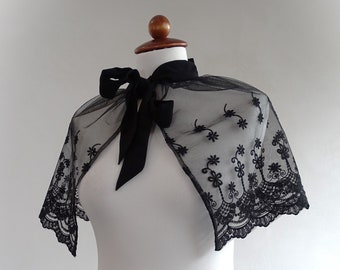 Black lace collar with beautiful embroidery on the edge bow lace Victorian Goth Steampunk lace cape