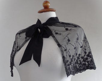 Black lace collar with small flowers bow lace Victorian Goth Steampunk lace cape
