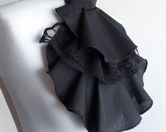 Jabot wide black cotton lace ruffles baroque rococo steampunk LARP