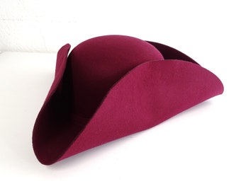 Bordeaux Red Tricorn Simple Pirate Hat Baroque Rococo LARP Solid Felt Hat Size: S-M / 57