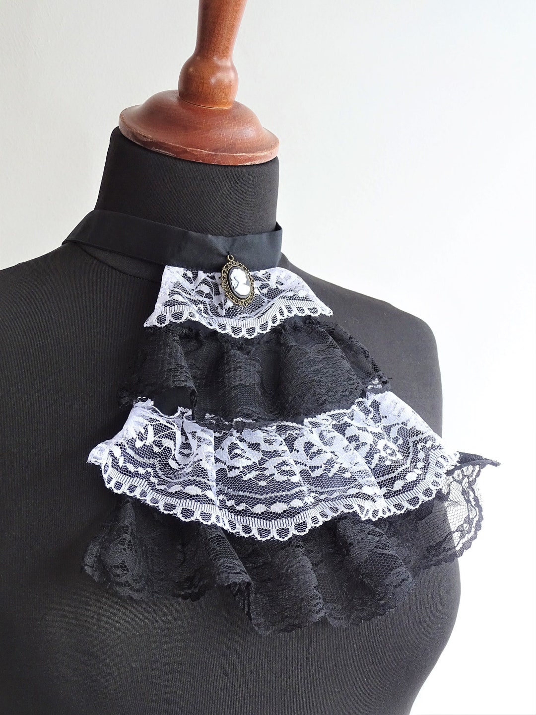 Lace Jabot Black and White With Gem Victorian Gothic Jabot Steampunk - Etsy