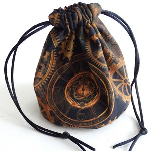 Kleiner Steampunk Beutel aus Baumwolle Würfelbeutel Murmelbeutel Rollenspiel LARP Zahnräder Zahnrad Uhr