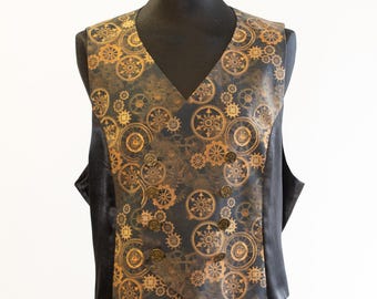 May include: A black waistcoat with a gold steampunk pattern of gears and cogs. The waistcoat has a v-neck and a double breasted closure.