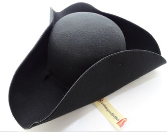 Black Tricorn Simple Pirate Hat Baroque Rococo LARP Solid Felt Hat Size S-M / 57