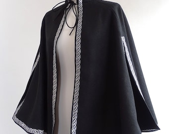 Half cape black with silver border shoulder coat cape 3/4 circle coat LARP