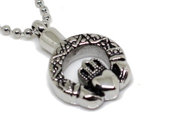 Irish "CLADDAGH in Circle" Cremation Urn Necklace Stainless Pendant Ash Holder Memorial Jewelry Celtic Design / Ball Chain & Velvet Bag