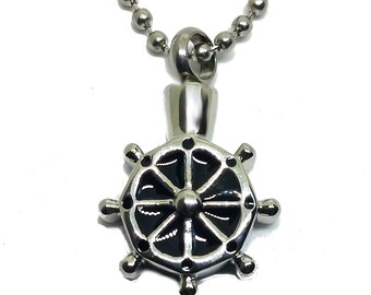 Cremation Urn "Ship Wheel Sailor" Necklace Stainless Pendant Keepsake  Ash Holder Jewelry Celtic / Ball Chain & Velvet Bag