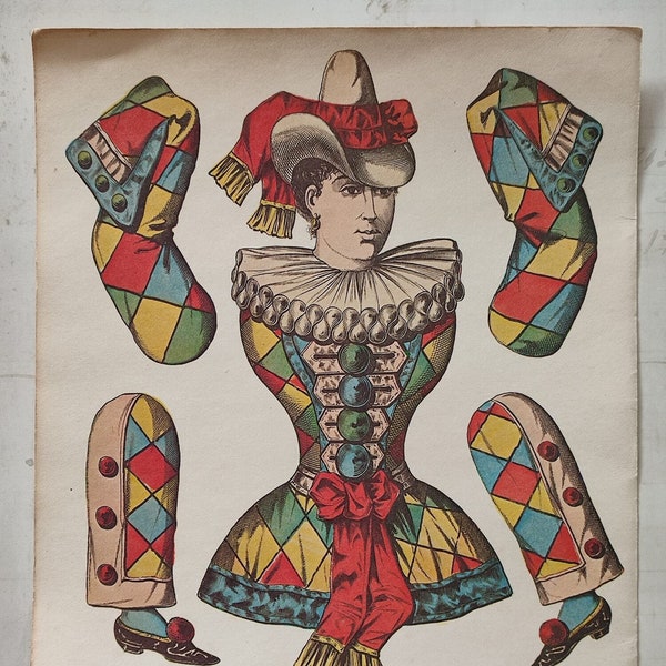 Frankreich Vintage Ausschneidebogen Hampelmann Pierrette Puppe Harlekin Clownette Zirkus altes Blatt Bogen Dekoration