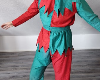 Costume de carnaval vintage 2 pièces clown arlequin vert rouge Bajazzo cornes sur la tête costume de bouffon vieux morceau de tissu en coton taille femme environ 38