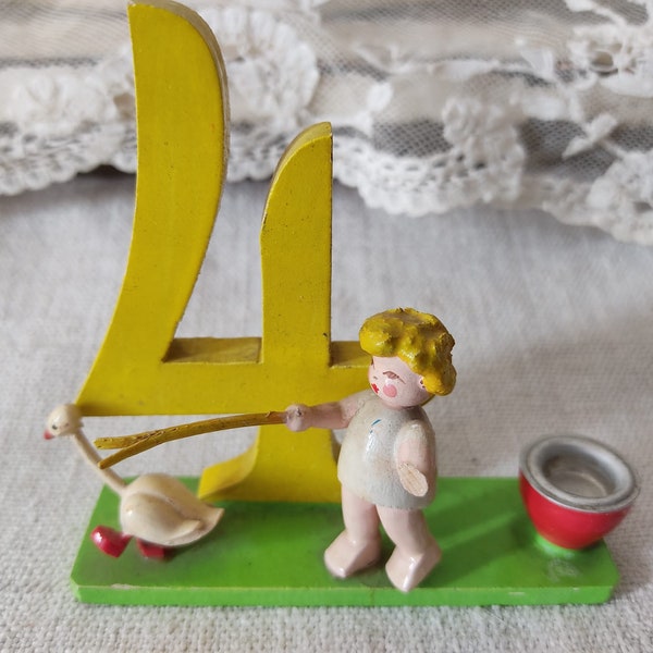 Erzgebirge wooden figure birthday number 4 with angel "Gänseliesel" and candle holder folk art Steinbach Germany Western Zone