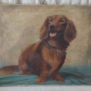 Oud olieverfschilderij met teckelmotief, vintage jaren 50 hondenschilderij, olieverfschilderij met hondenschilderij