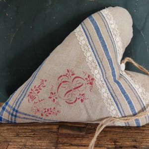 Fabric heart heart linen heart with monogram printed handmade from vintage fabric