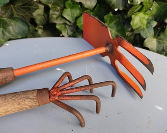 Set of 2 vintage garden tools hoe and cultivator garden hand tools gardening tool