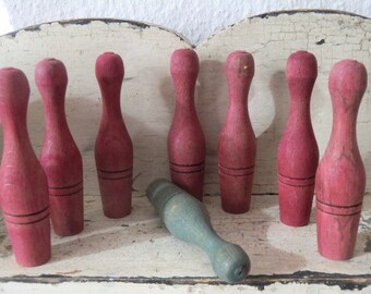 Small old vintage toy skittles wooden toy skittles game french shabby