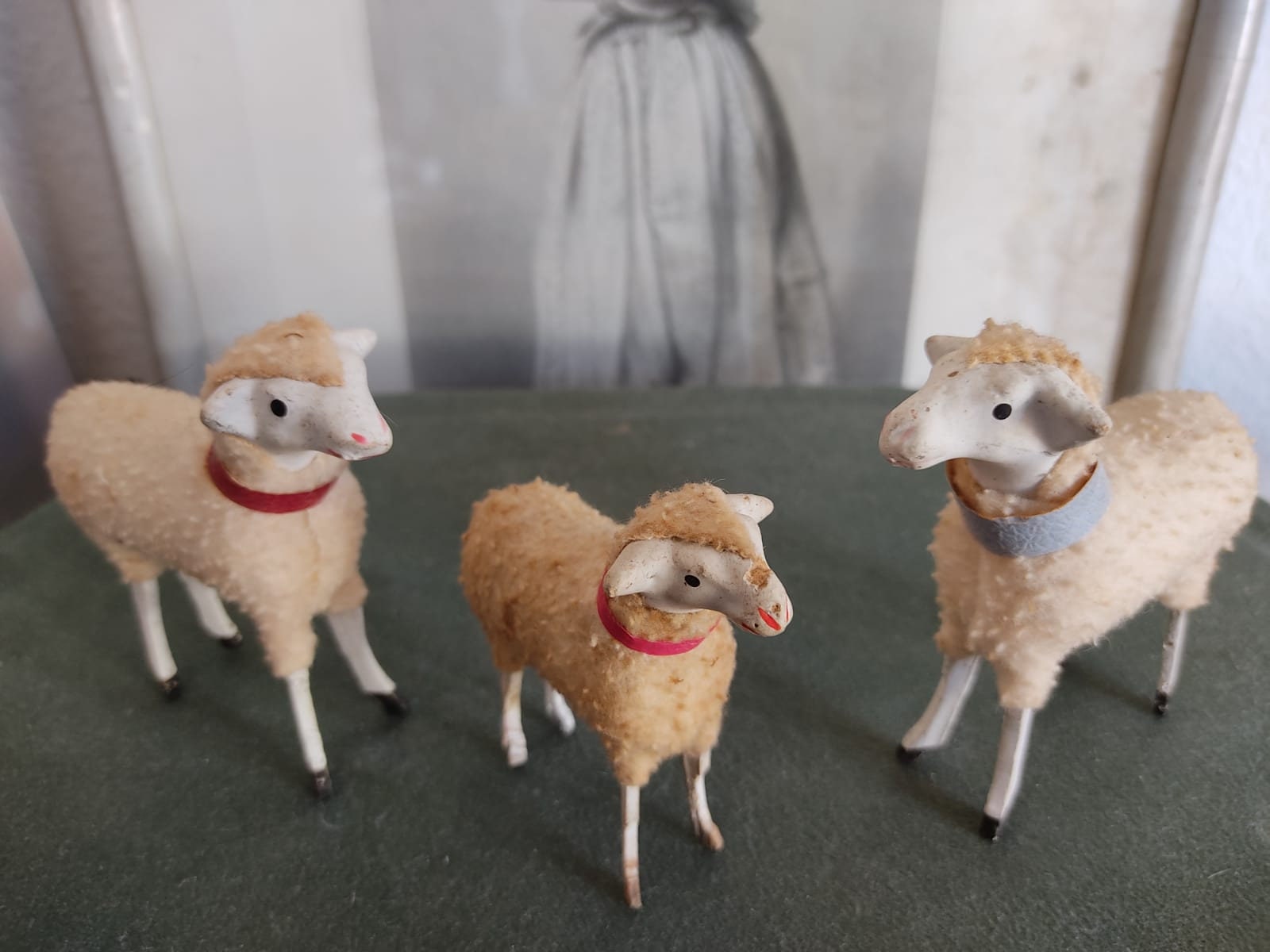 【か12】5 フランス　アンティーク　羊 シープオブジェ ANTIQUE Vintage Wool Sheep Red Collar French Shabby in the