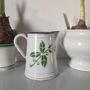 ANTIQUE small enamel jug pitcher white floral pattern farmhouse cottage countryhouse enameled brocante shabby chic vintage
