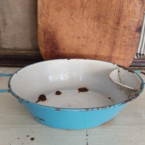 ANTIQUE old oval enamel wash bowl with soap dish blue enamel bowl Enamel true Vintage kitchen damaged distressed real shabby patina