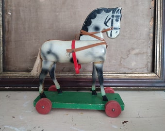 Vintage Holzpferd Ziehpferd *Odenwälder Gäulchen* Volkskunst Hessen Germany traditionsreiches Holzspielzeug