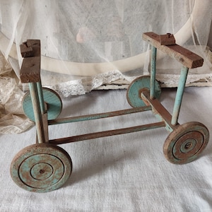 Old vintage doll&#39;s pram base incomplete wood mint colored shabby chic