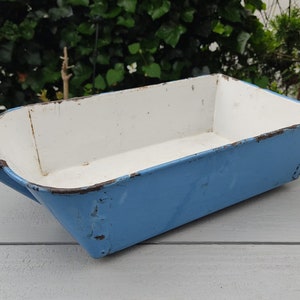 Old square enamel chute damaged enamel light blue/white shabby antique vintage kitchen grocery store bowl storage container RARE