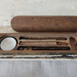 Antique pencil box school wooden box with slipcase vintage rustic french shabby patina brocante industrial style