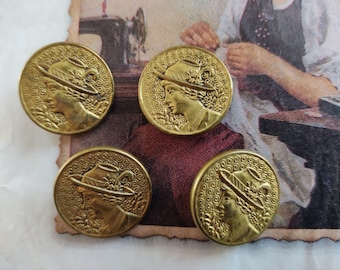 4er Set antique Gold Knöpfe Messing geprägt Trachtenknöpfe Frauenporträt mit Hut