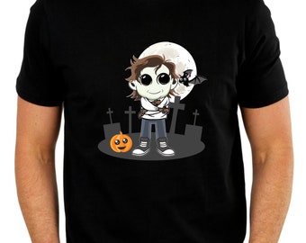 Uniquely designed Michael Myers t-shirt, with a Halloween design in the back ground
