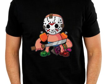 Jason Vorhees inspired print featuring Jason in swim wear holding a Freddy Krueger teddy printed on to a Black 100% cotton T-shirt