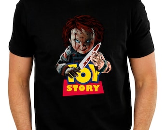 Child's Play "Chucky", Toy Story mashup printed black t-shirt.