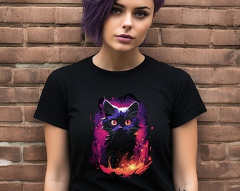 Uniquely designed Black Cat printed on a black t-shirt