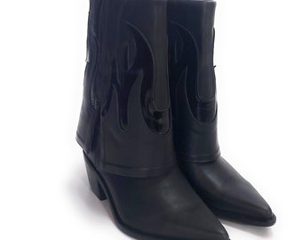 Texanischer Cowboystiefel für Damen aus schwarzem Leder mit umgedrehtem Schaft von Quica Fuego