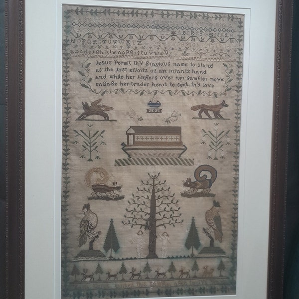 Antique sampler by Maria Morris: ark, squirrels, Adam and Eve, deer