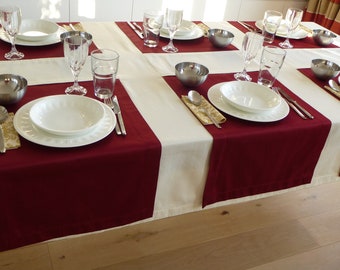 ELEGANTABLE tablecloth with 3 table runners, elegant easy-care with stain protection burgundy/natural white UNIQUE - 155 x 258 cm