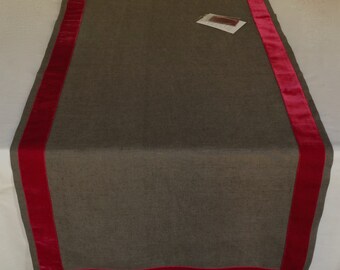 ELEGANTABLE table runner, high quality, pure linen, grey with dark red/purple velvet ribbon, 45 x 100 cm