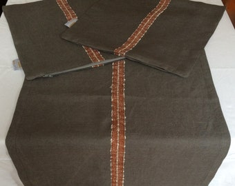 UNIQUE set of 2 cushion covers/cushion covers (40/40, without filling) + 1 table runner/runner (50x150) LINEN dark grey & copper-coloured border