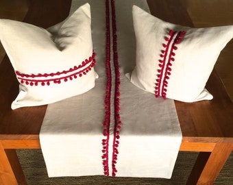 UNIQUE set of 2 cushion covers/pillowcases (40/40, without filling) + 1 table runner/runner (49x200) LINEN beige & red pompom ribbon