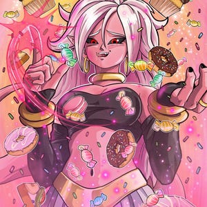 May include: An anime character with long pink hair and red eyes is surrounded by doughnuts, sweets, and cupcakes. The character is wearing a black top and a pink skirt. The background is pink with sprinkles.